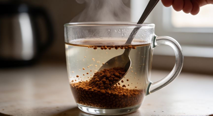 como hacer cafe soluble, Taza de café soluble disolviéndose en agua caliente con vapor