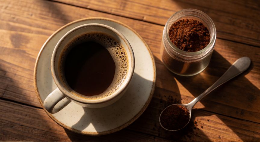 como hacer cafe soluble, Taza de café negro soluble sobre mesa de madera con bote y cuchara