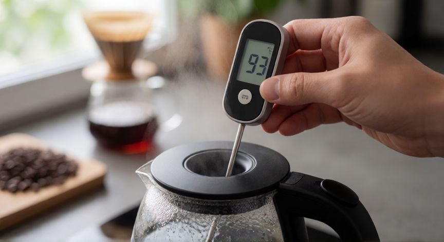 como hacer cafe tempera, Termómetro digital midiendo la temperatura del agua en una tetera para hacer café