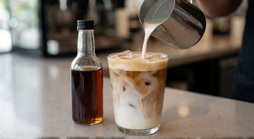 como hacer cafe tipo starbucks, Preparación de un Iced Vanilla Latte con leche vaporizada y jarabe