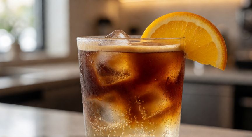 como hacer cafe tonic, Vaso de café tónico con capas visibles y rodaja de naranja