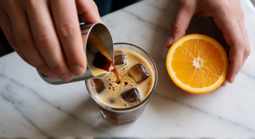 como hacer cafe tonic, Preparación de café tónico vertiendo espresso sobre hielo y tónica