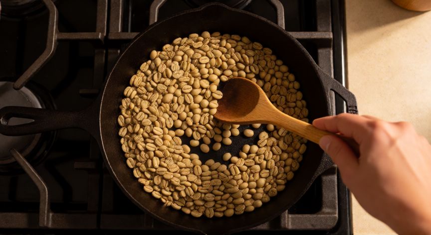 como hacer cafe torrado, Sartén de hierro con granos de café verde en proceso de tueste inicial