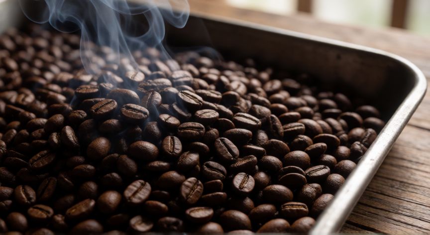como hacer cafe torrado, Granos de café torrado oscuro enfriándose en una bandeja metálica