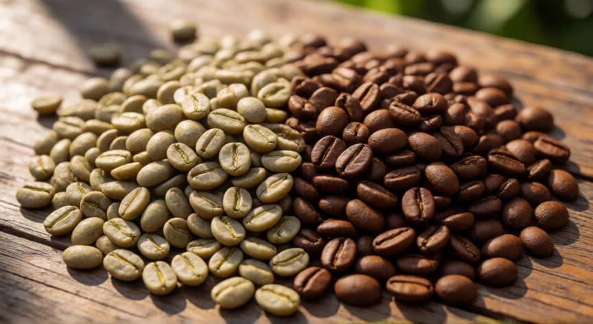 como hacer cafe tostado, Comparación visual entre granos de café verde y café tostado sobre mesa de madera