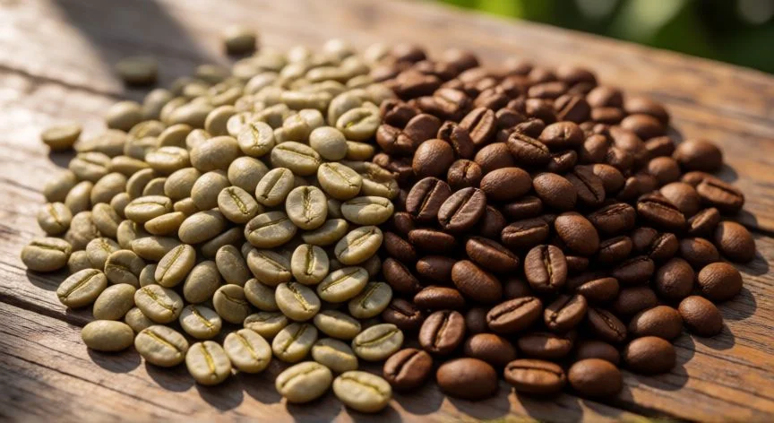 Comparación visual entre granos de café verde y café tostado sobre mesa de madera