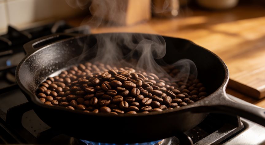 como hacer cafe tostado, Proceso de tostadura de café en sartén con vapor y granos rebotando