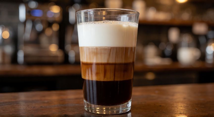 como hacer cafe tricolor, Vaso de café tricolor con capas de sirope, espresso y leche