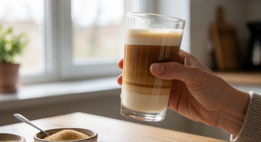 como hacer cafe tricolor, Persona disfrutando de una bebida de café con capas
