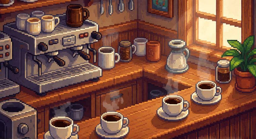 como hacer cafe triple espresso stardew valley, Cafetería de Stardew Valley con máquina de espresso y tazas de café