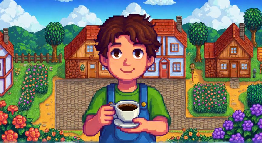 como hacer cafe triple espresso stardew valley, Jugador de Stardew Valley bebiendo café en la plaza del pueblo