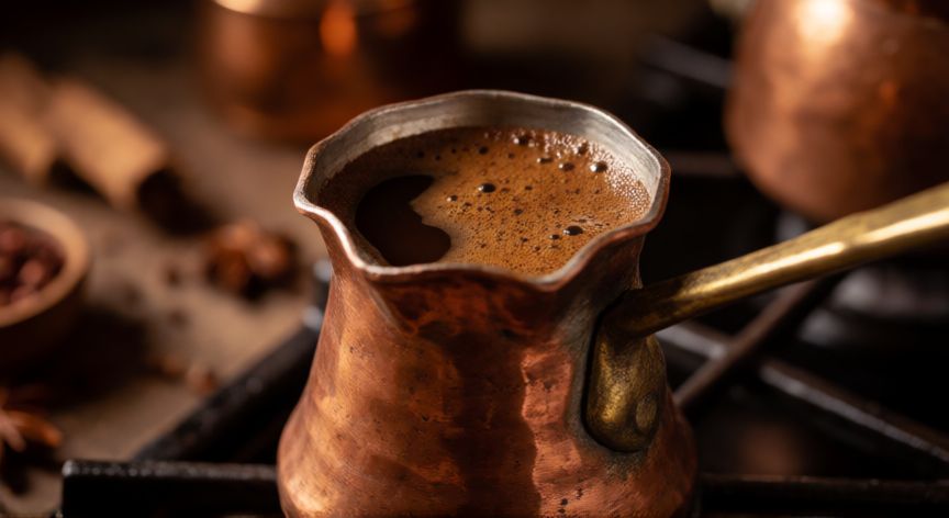 como hacer cafe turco, Olla de cobre tradicional cebze con café turco hirviendo y espuma oscura