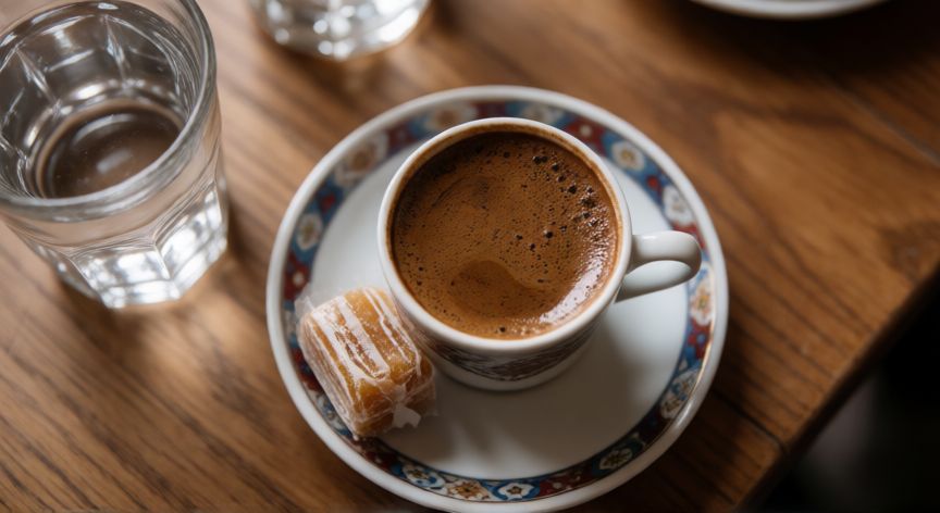 como hacer cafe turco, Taza de cerámica con café turco espumoso, vaso de agua y dulce lokum sobre mesa de madera