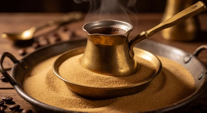 Cafetera de cobre en arena caliente para preparar café turco tradicional