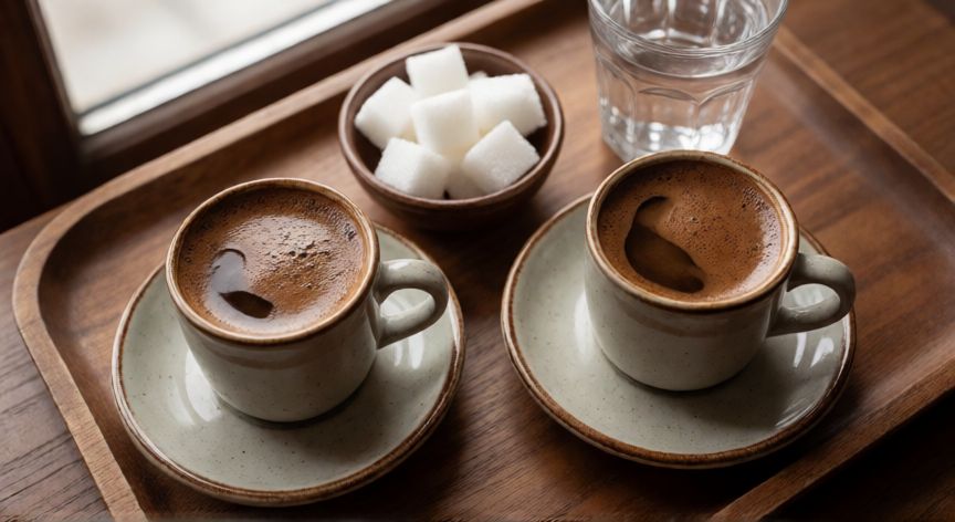 como hacer cafe turco en arena, Tazas de café turco con espuma densa servidas en bandeja de madera