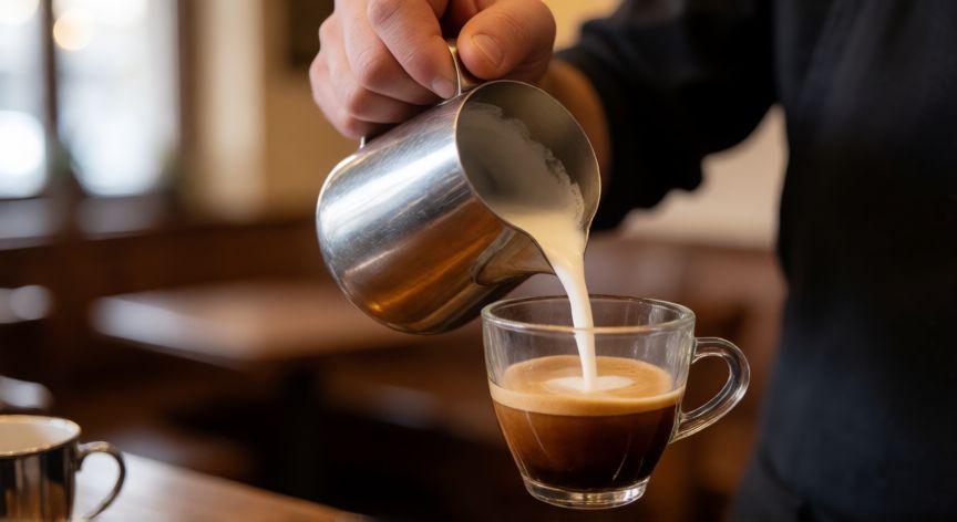 como hacer cafe vienes, Preparación de café vienés con leche espumada en taza de vidrio