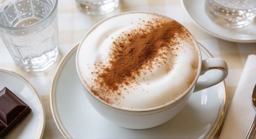 como hacer cafe vienes, Taza de café vienés terminado con canela y agua mineral en mesa de cafetería