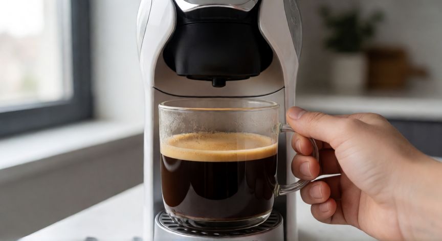 como hacer cafe xl en dolce gusto, Máquina Nescafé Dolce Gusto sirviendo café en un vaso grande con crema