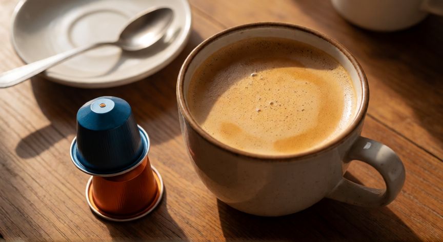 como hacer cafe xl en dolce gusto, Vaso de café grande con crema y cápsulas usadas sobre mesa de madera