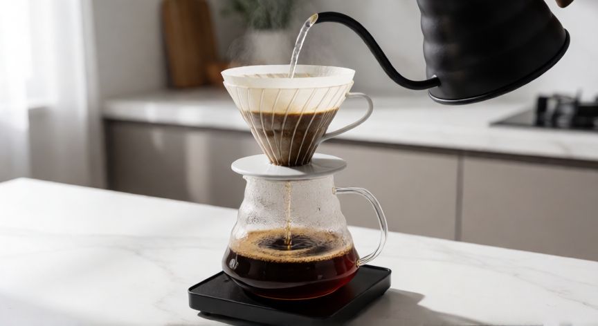 como hacer cafe y la ciencia detras del grano, Preparación de café con método V60 vertiendo agua caliente en espiral