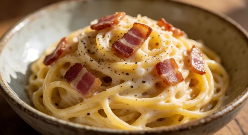 como hacer carbonara, Plato de pasta alla carbonara con guanciale crujiente y queso pecorino