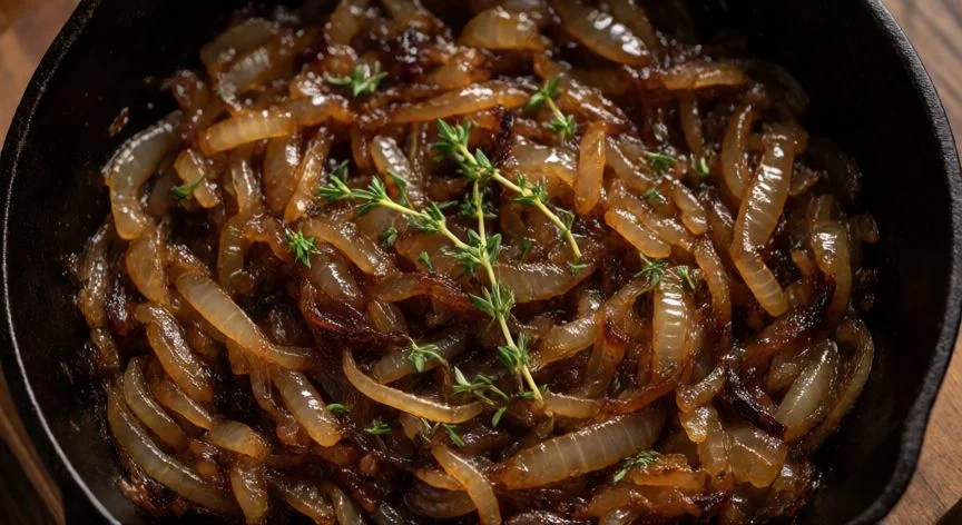 como hacer cebolla caramelizada, Tarro de cristal con cebolla caramelizada dorada junto a vinagre balsámico y cebolla cruda