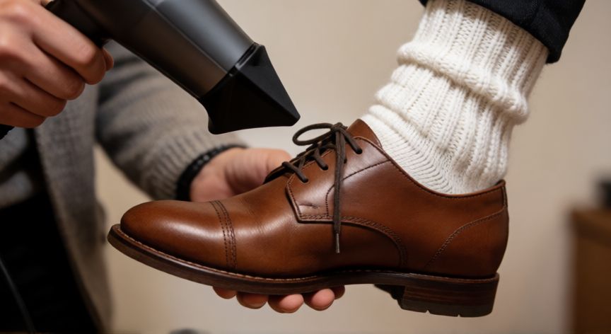 como hacer ceder un zapato nuevo, Persona usando secador de pelo para ablandar la punta de un zapato de piel nuevo