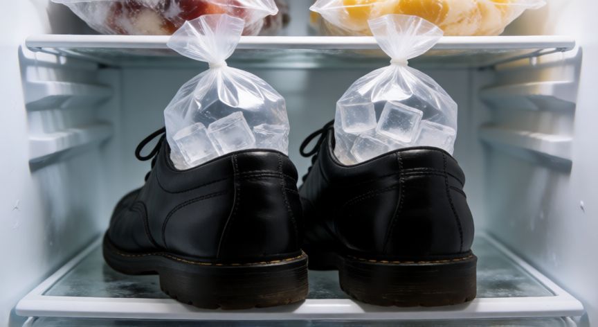como hacer ceder un zapato nuevo, Zapatos de piel en el congelador con bolsas de agua para expandirlos