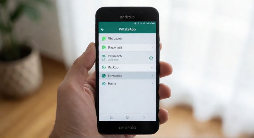 Hand holding Android phone showing WhatsApp backup settings menu