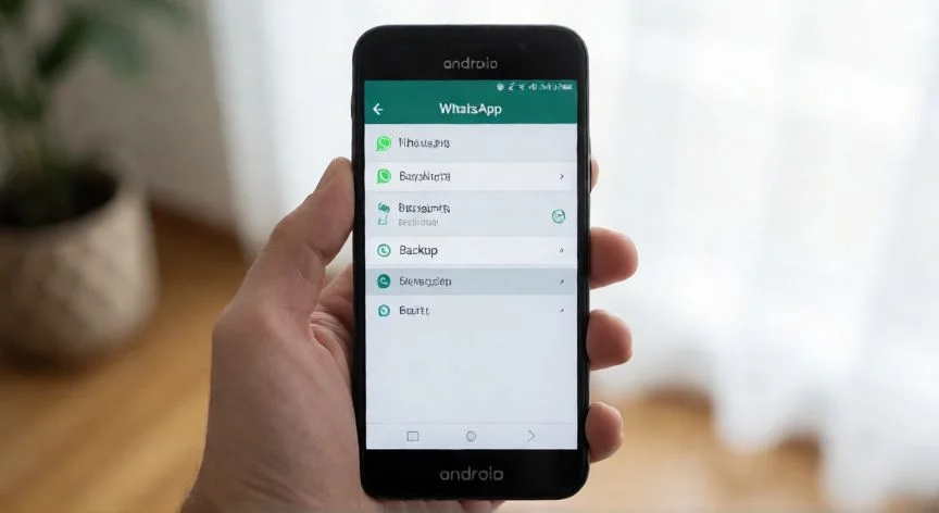Hand holding Android phone showing WhatsApp backup settings menu