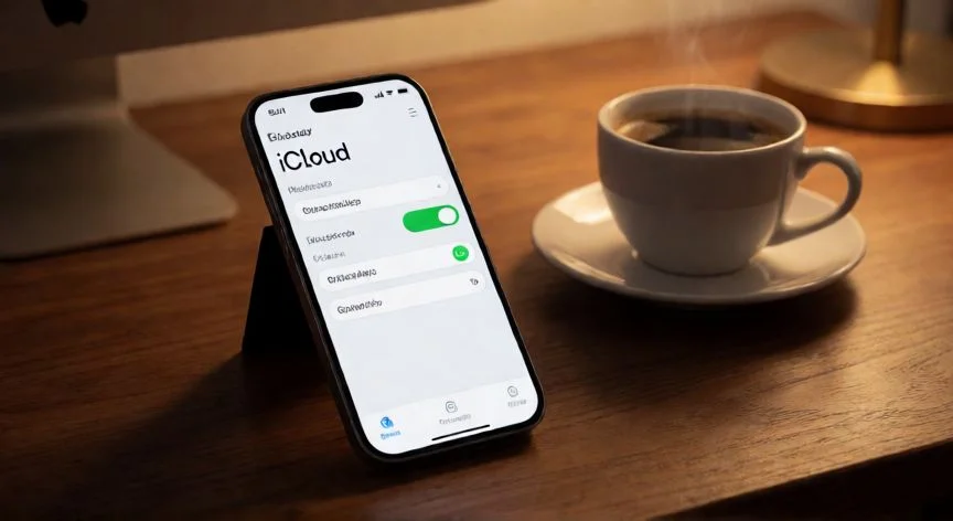 como hacer copia de seguridad de whatsapp, iPhone displaying iCloud settings for WhatsApp backup on a desk