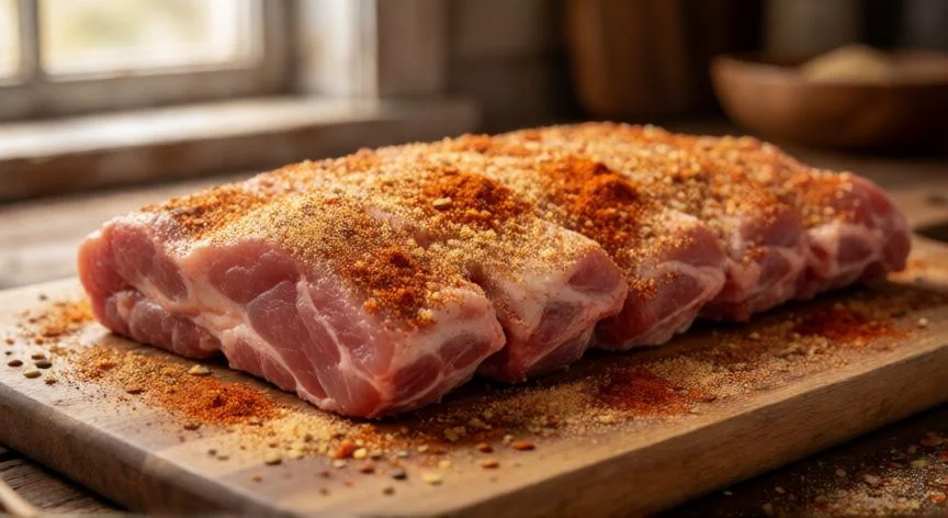 como hacer costillas al horno, Costillas de cerdo crudas adobadas con especias sobre tabla de madera