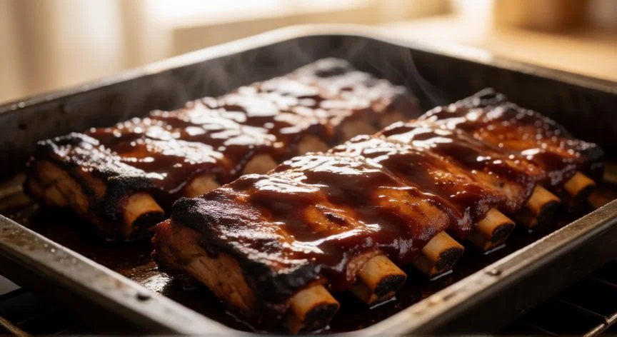 como hacer costillas al horno, Costillas al horno con salsa de barbacoa brillante y caramelizada
