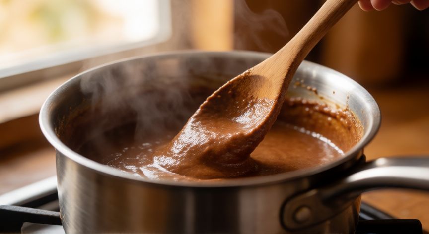 como hacer crema de cafe con 3 ingredientes, Proceso de cocción de crema de café en olla con espátula