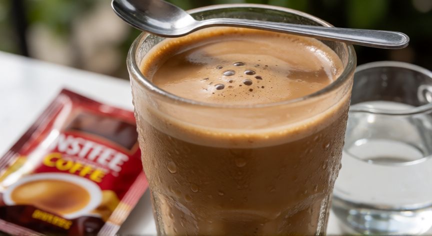 como hacer crema de café con nescafé y agua fría, Vaso de crema de café frío con Nescafé y burbujas