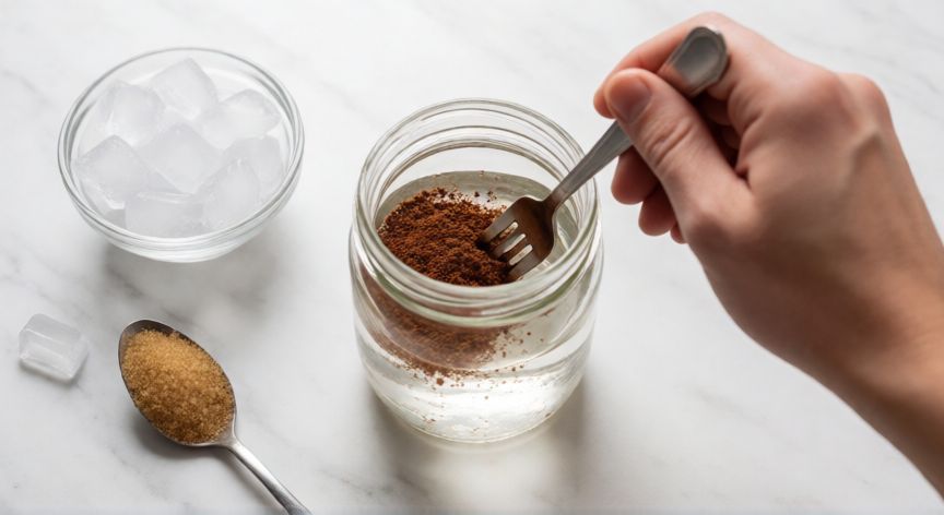 como hacer crema de café con nescafé y agua fría, Preparación de café frío con agua e hielo en la encimera