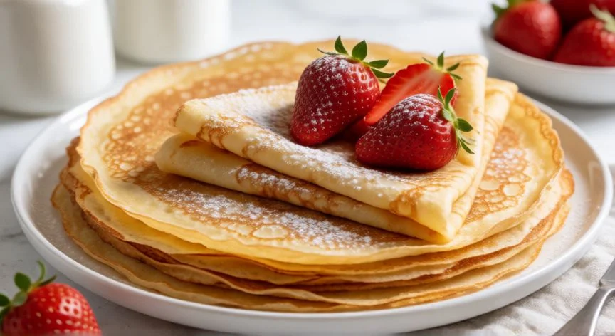 como hacer crepes, Pila de crepes dorados con fresas y azúcar glas