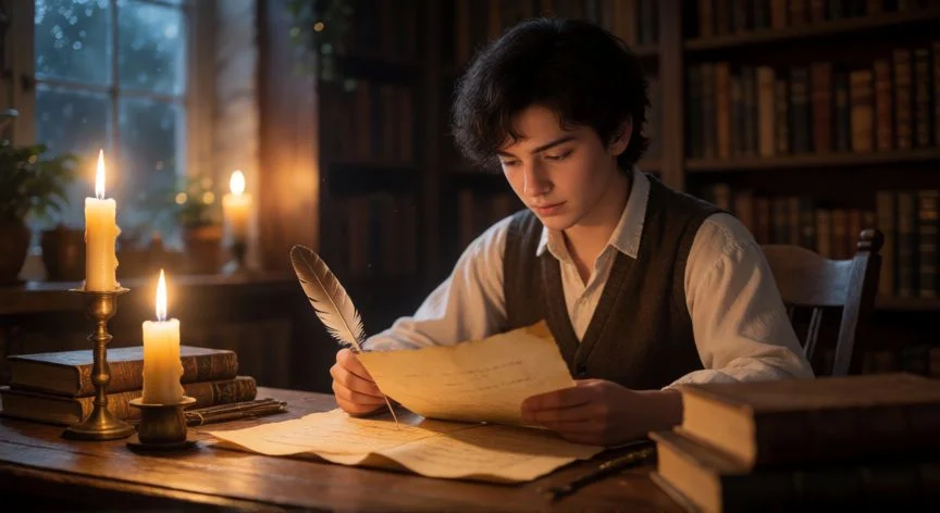 como hacer de nuevo el test de harry potter, Persona reflexionando antes de realizar el test de Harry Potter en una biblioteca mágica