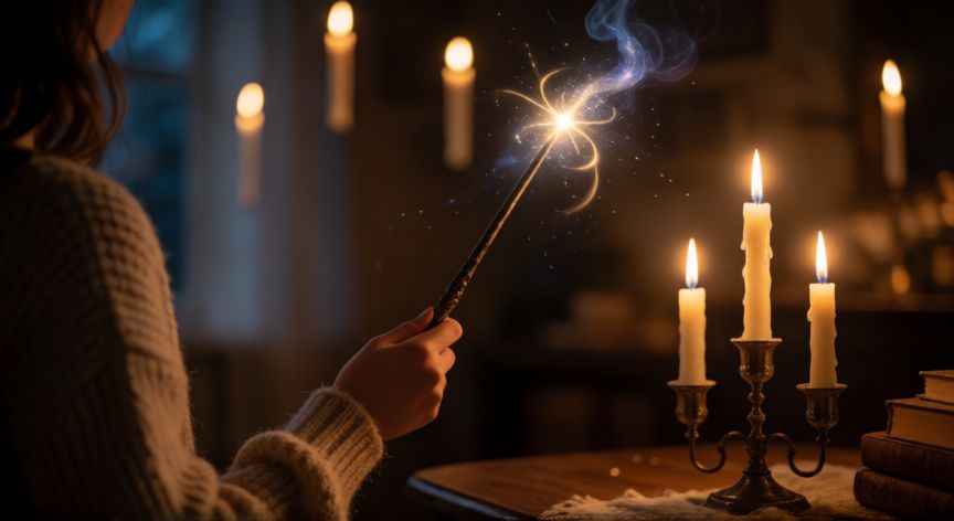 Persona con varita mágica en ambiente encantado de Harry Potter