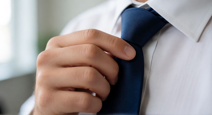 Manos ajustando el nudo de una corbata de seda azul marino