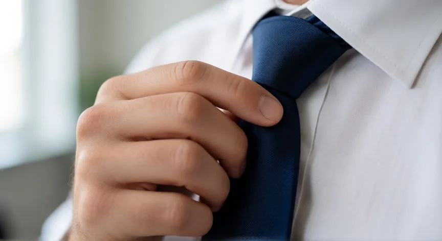 Manos ajustando el nudo de una corbata de seda azul marino