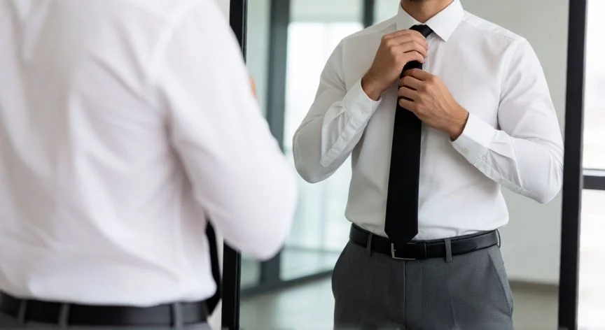 cómo hacer de nuevo la corbata, Hombre de traje ajustándose la corbata frente al espejo en una oficina