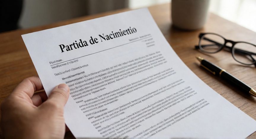 Persona sosteniendo una copia impresa de la partida de nacimiento sobre un escritorio
