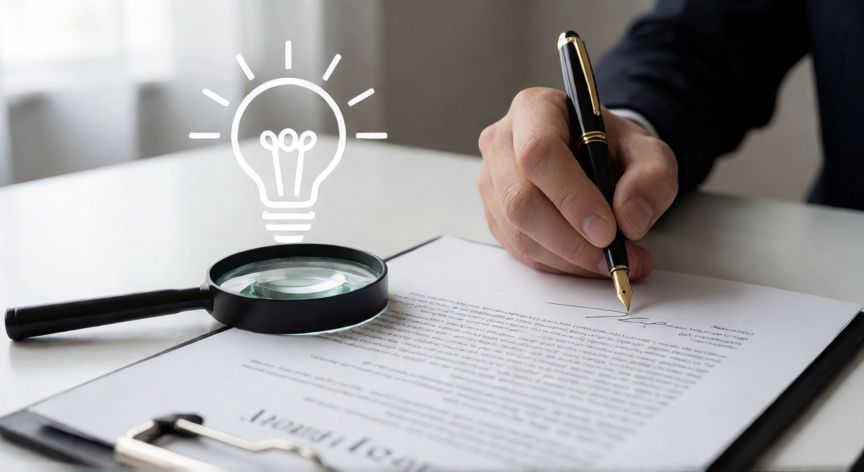 como hacer de nuevo la patente, Firma de la solicitud de patente con lupa sobre documentos legales