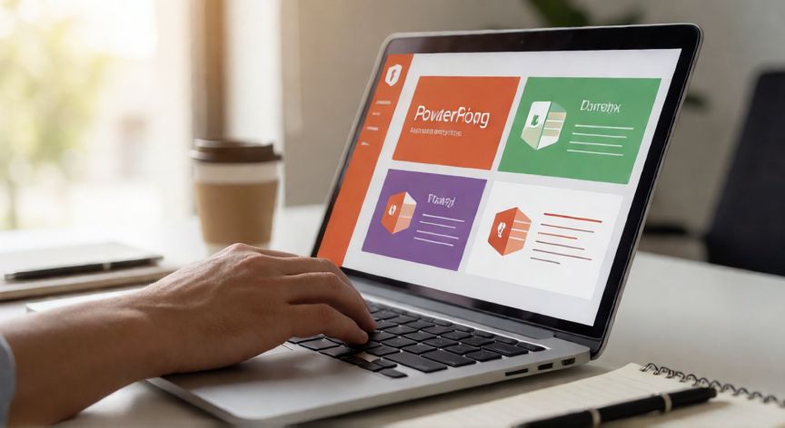 cómo hacer diapositivas en powerpoint, Persona creando una presentación en PowerPoint sobre un portátil en una oficina moderna