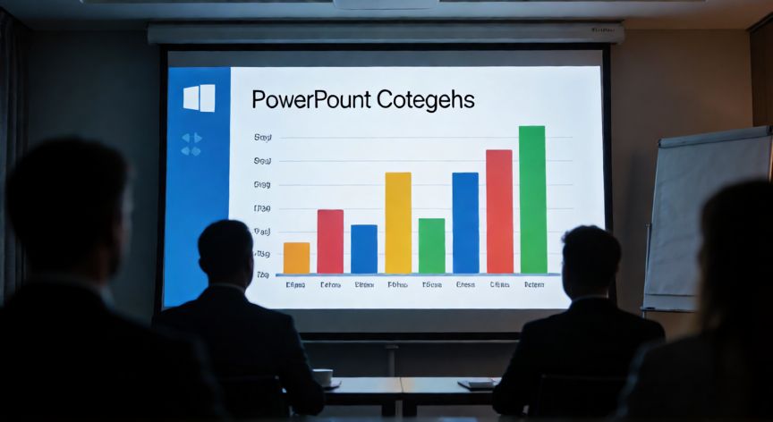 cómo hacer diapositivas en powerpoint, Sala de reuniones con proyección de una presentación de PowerPoint ante una audiencia