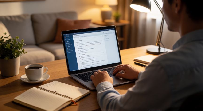 Persona trabajando en su oficina en casa con un portátil