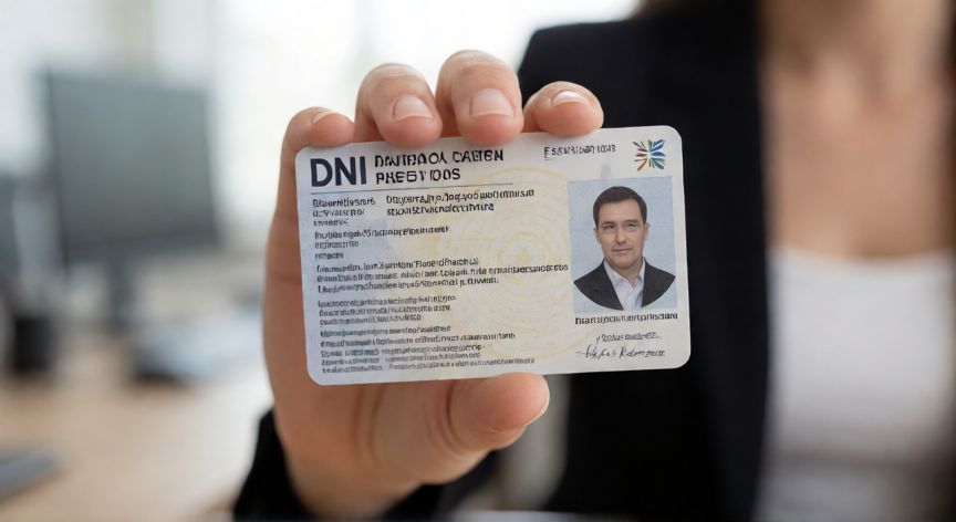 Persona sosteniendo un DNI español en una oficina de policía