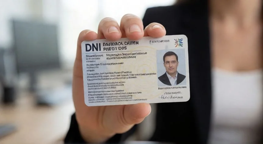 Persona sosteniendo un DNI español en una oficina de policía