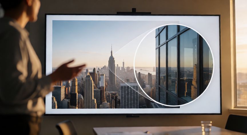 como hacer efecto zoom en powerpoint, Persona dando una presentación con efecto de zoom en PowerPoint proyectado en pantalla grande